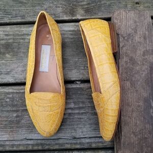 Vintage 60s Nordstrom Yellow Leather Croc Embossed Penny Loafers Slip On Flats 7